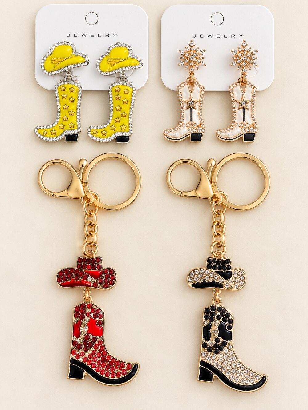 4-Piece Western Cowgirl Accessory Set earring bag charm set red yellow gold gift